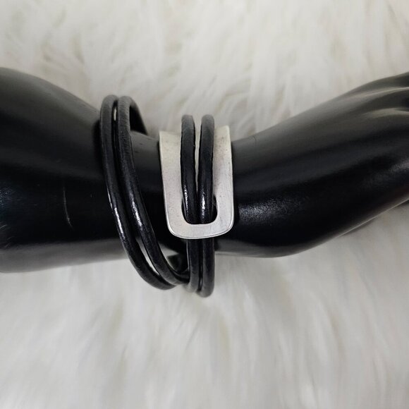 Gladiator Wrap Silver Metal Leather Black Magnetic Strand Y2K Statement Bracelet - Picture 2 of 10
